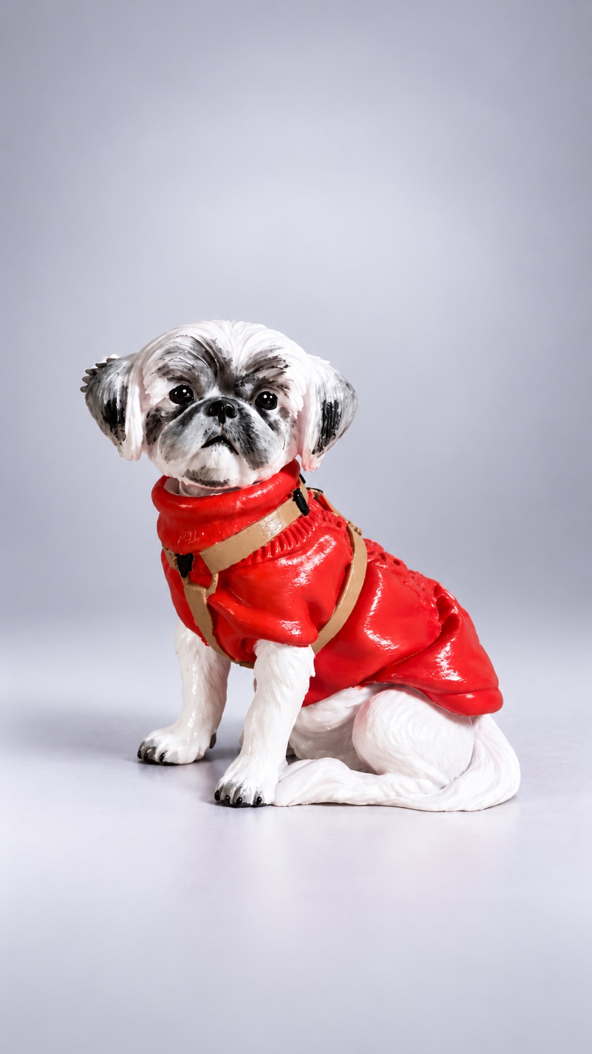 Figura de perro con abrigo rojo pintada a mano