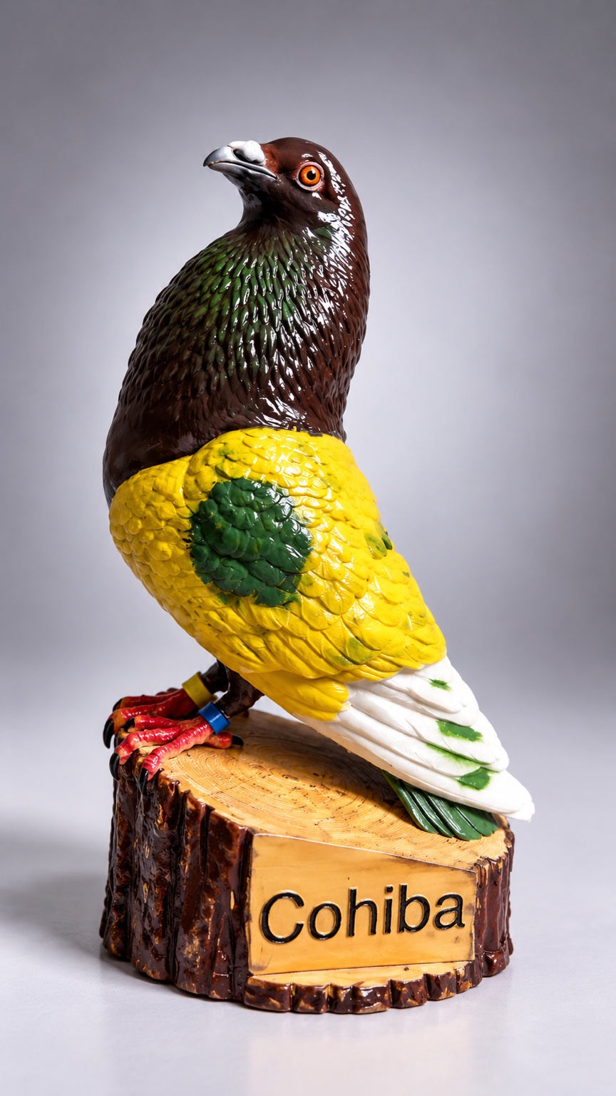 Figura de palomo pintada a mano sobre peana de tronco, Cohiba