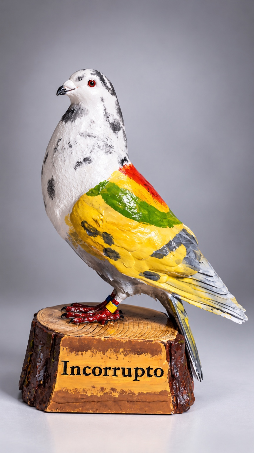 Figura de palomo blanco y amarillo sobre peana personalizada, Incorrupto