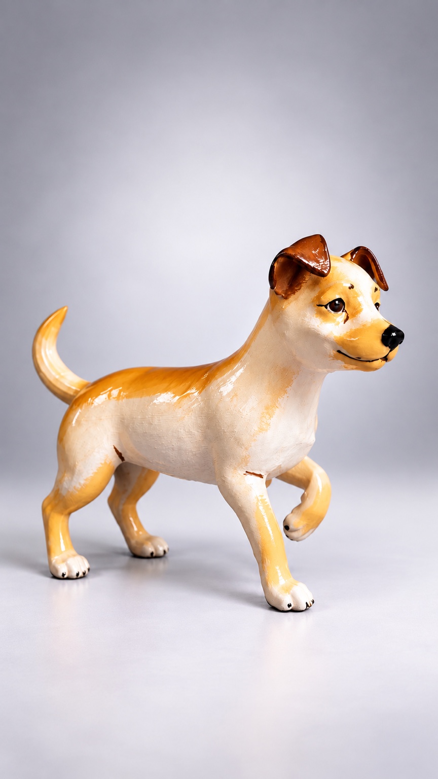 Figura de perro blanco y marrón de pie